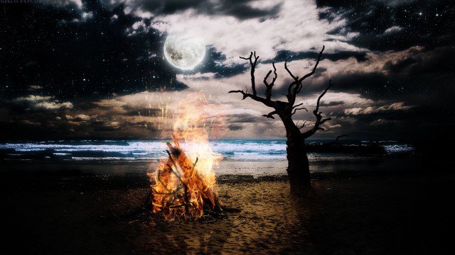 Fire pit beach full moon free wallpaper for desktop - medium preview image