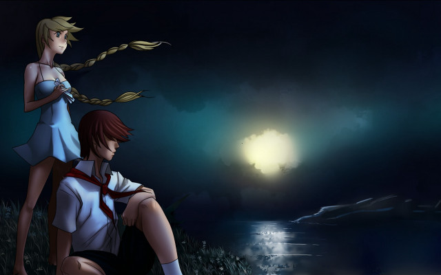 Couple sitting grass night moon free wallpaper for desktop - medium preview image