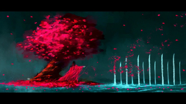 Tree red leaves man standing free wallpaper for desktop - medium preview image