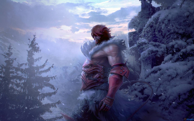 Red helmet armor snowy forest free wallpaper for desktop - medium preview image