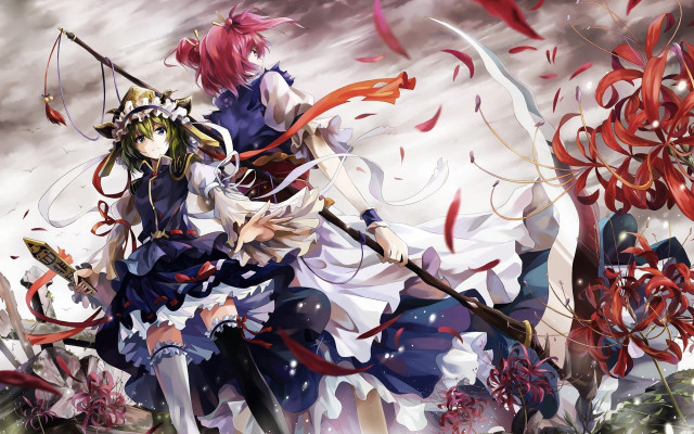 Anime couple swords red streamers free wallpaper for desktop - medium preview image