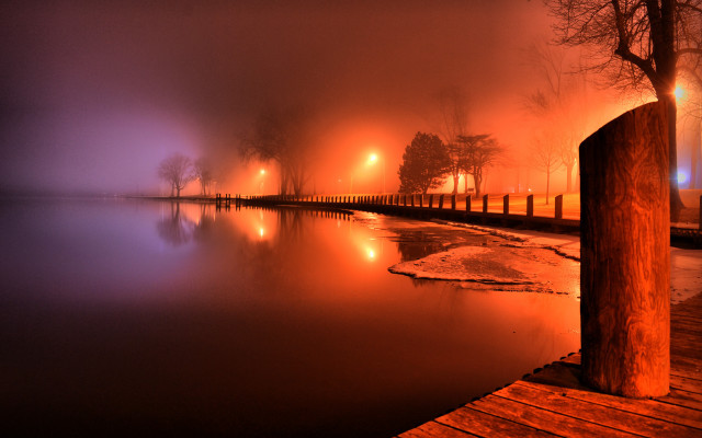 Foggy night lake dock trees free wallpaper for desktop - medium preview image