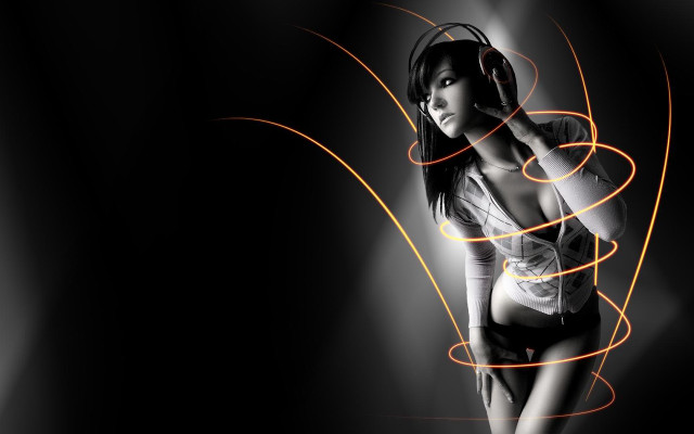 Woman white shirt headphones orange free wallpaper for desktop - medium preview image