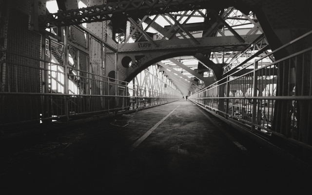 Black white bridge person walking free wallpaper for desktop - medium preview image