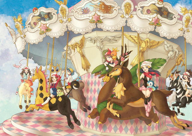 Carousel ride cartoon people horses free wallpaper for desktop - medium preview image