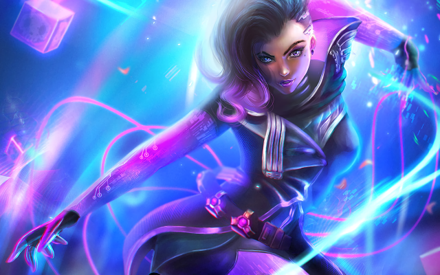 Futuristic woman sword glowing lights free wallpaper for desktop - medium preview image