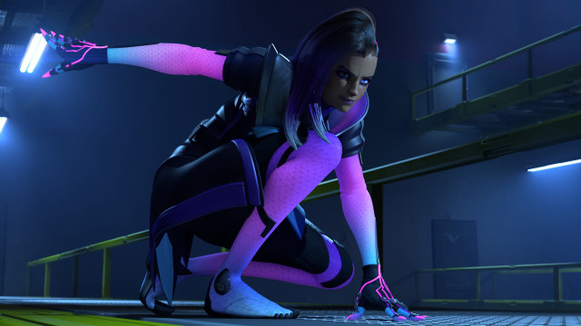Futuristic woman crouching neon light free wallpaper for desktop - medium preview image
