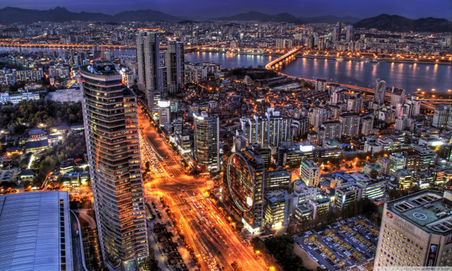 Cityscape tall buildings river nighttime #2 free wallpaper for desktop - medium preview image