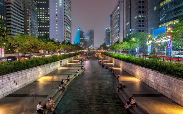 City river night people benches free wallpaper for desktop - medium preview image