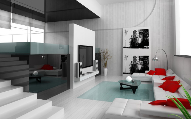 Modern livingroom white couch red #3 free wallpaper for desktop - medium preview image