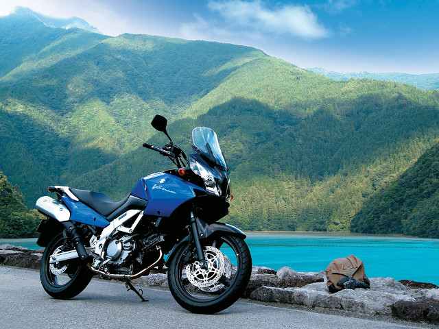 Motorcycle parked lake mountains blue free wallpaper for desktop - medium preview image