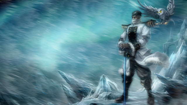 Man sword snowy mountain owl free wallpaper for desktop - medium preview image