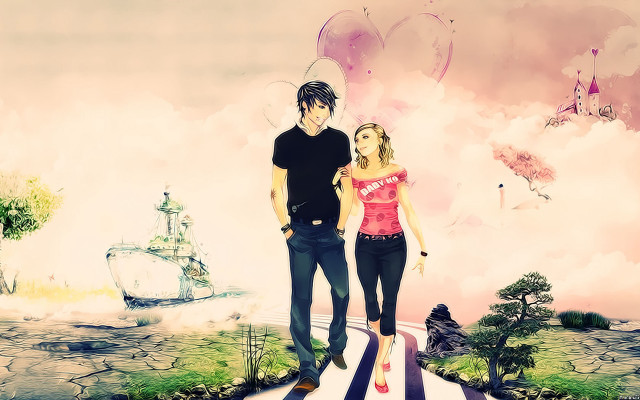 Man woman walking road sky free wallpaper for desktop - medium preview image