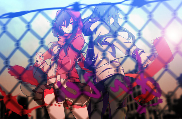 Anime girls fence cat building free wallpaper for desktop - medium preview image