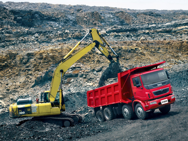 Red truck yellow bulldozer dirt free wallpaper for desktop - medium preview image