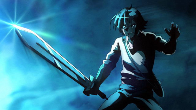 Man holding giant sword blue free wallpaper for desktop - medium preview image