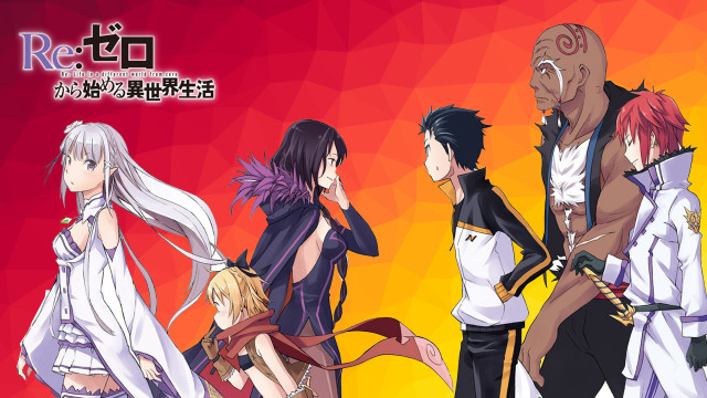 Anime characters red yellow background free wallpaper for desktop - medium preview image