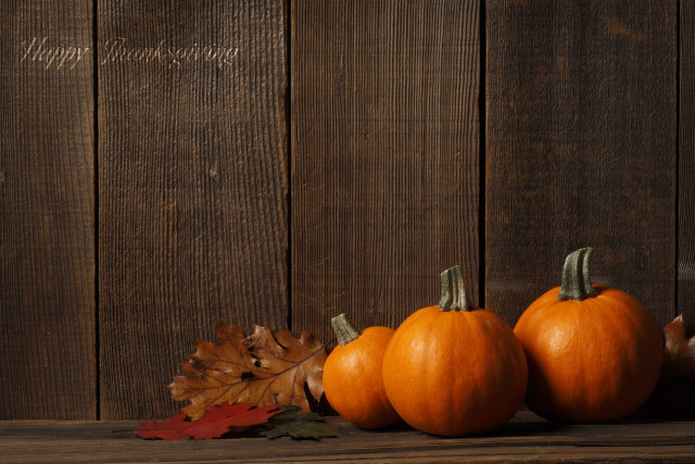 Three pumpkins leaf wooden table free wallpaper for desktop - medium preview image