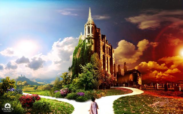 Woman walking path building spire #3 free wallpaper for desktop - medium preview image