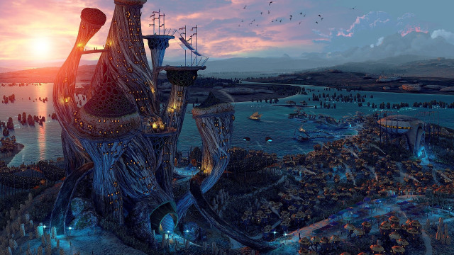 Futuristic city giant tree sunset free wallpaper for desktop - medium preview image