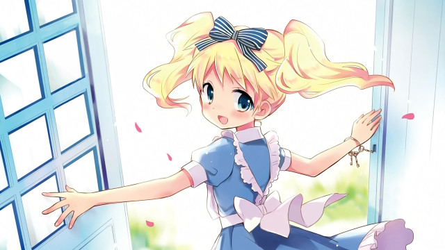 Girl blue dress door waving free wallpaper for desktop - medium preview image