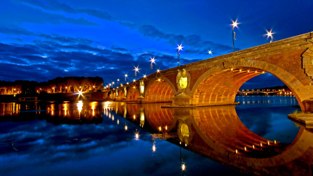 Bridge water night lights clock free wallpaper for desktop - medium preview image