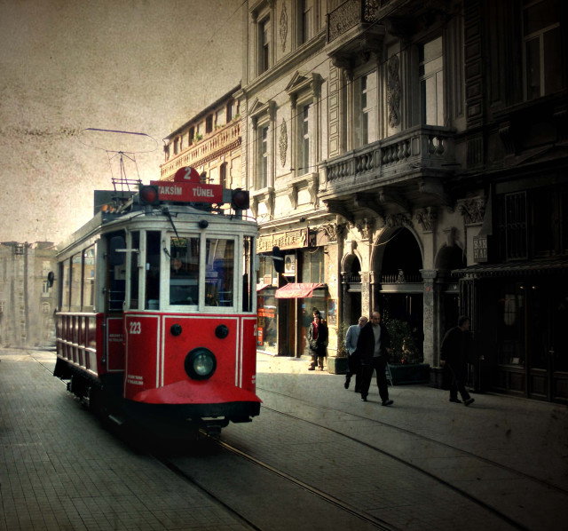 Red trolley cityscape skyscraper outdoors free wallpaper for tablet - medium preview image