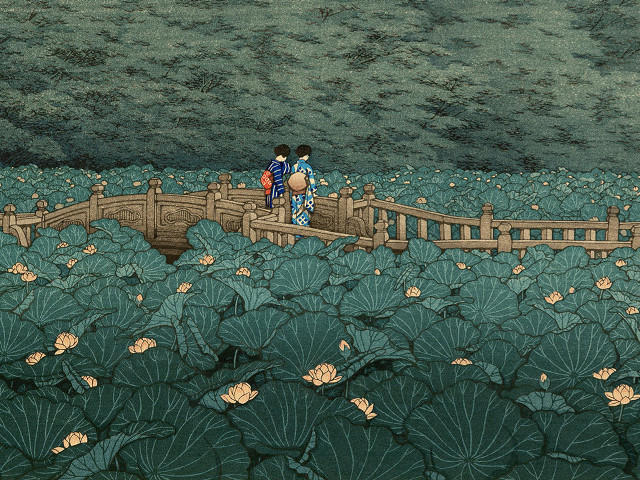 People boat flowers leaves bridge free wallpaper for desktop - medium preview image