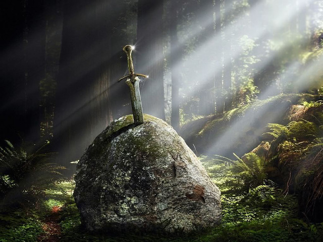 Sword rock forest sunlight fantasy free wallpaper for desktop - medium preview image