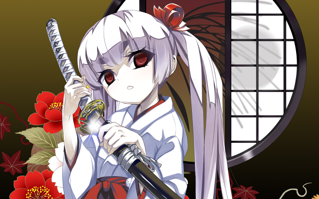 Anime girl sword window flowers free wallpaper for desktop - medium preview image
