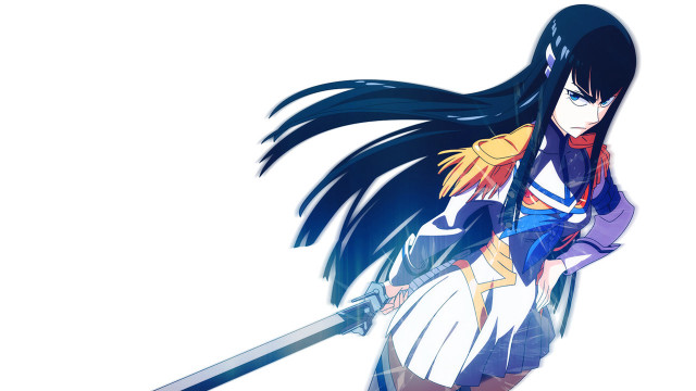 Longblackhair sword purpleoutfit bluecape kiryuuinsatsuki free wallpaper for desktop - medium preview image