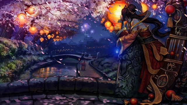 Woman holding lantern park night #2 free wallpaper for desktop - medium preview image