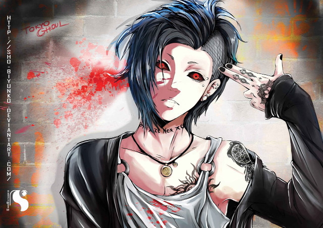 Blue haired man knife blood free wallpaper for desktop - medium preview image