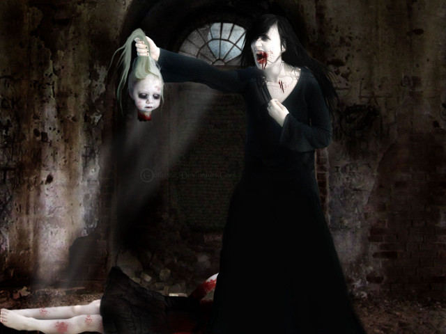 Woman black dress creepy doll free wallpaper for desktop - medium preview image