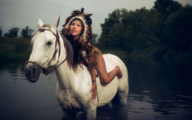 Woman native dress white horse free wallpaper for desktop - medium preview image