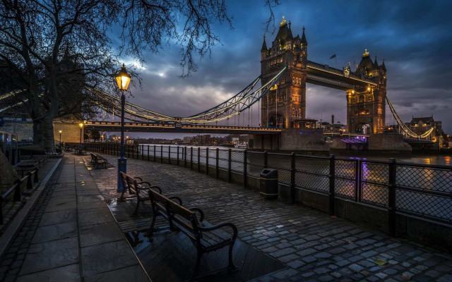Bridge river bench lamppost foreground free wallpaper for desktop - medium preview image