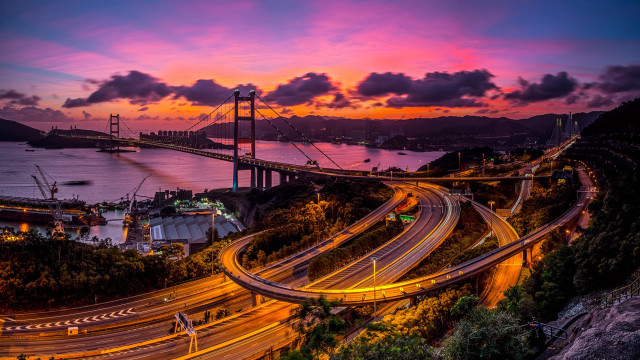 Bridge highway sunset sky cars free wallpaper for desktop - medium preview image