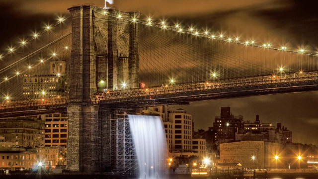 Bridge waterfall night lights buildings free wallpaper for desktop - medium preview image