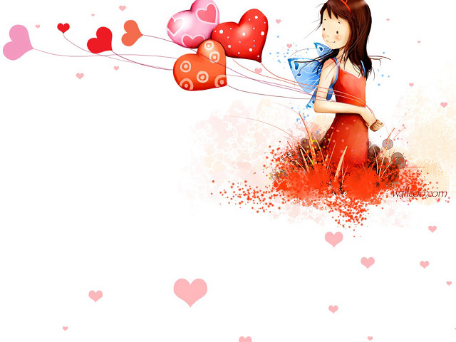 Girl holding bouquet hearts flying free wallpaper for desktop - medium preview image