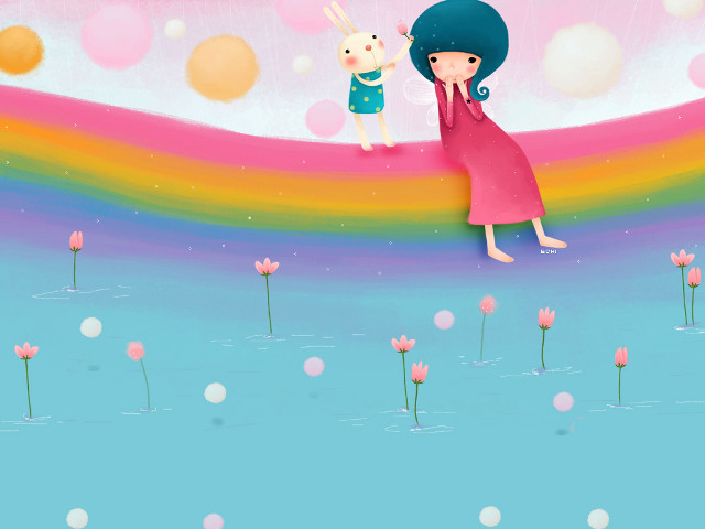 Girl bunny rainbow hill flowers free wallpaper for desktop - medium preview image