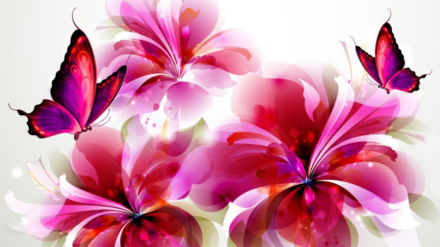 Pink flowers butterflies white background free wallpaper for desktop - medium preview image