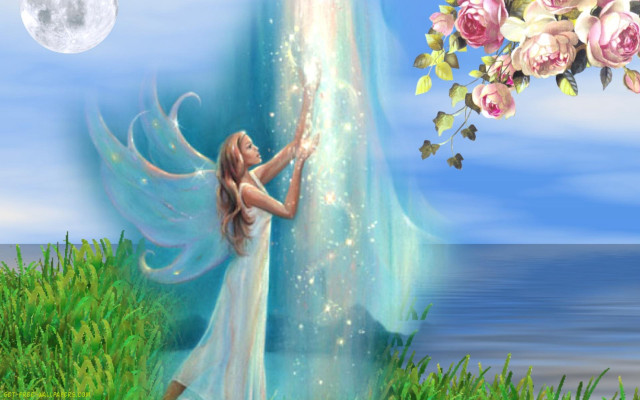 Woman waterfall fullmoon magical realism free wallpaper for desktop - medium preview image