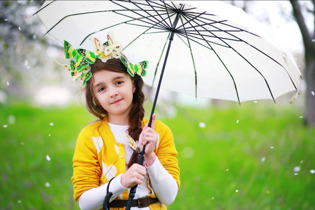 Little girl umbrella rain butterfly free wallpaper for desktop - medium preview image
