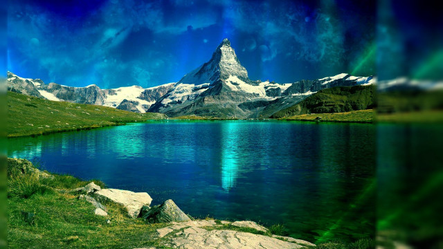 Mountain lake clouds green field free wallpaper for desktop - medium preview image