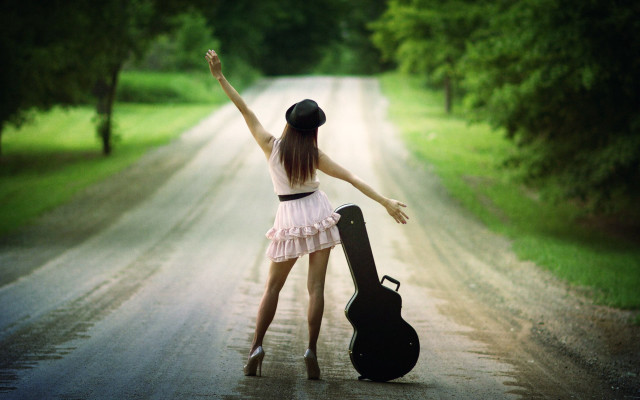 Woman dress hat guitar outdoors free wallpaper for desktop - medium preview image