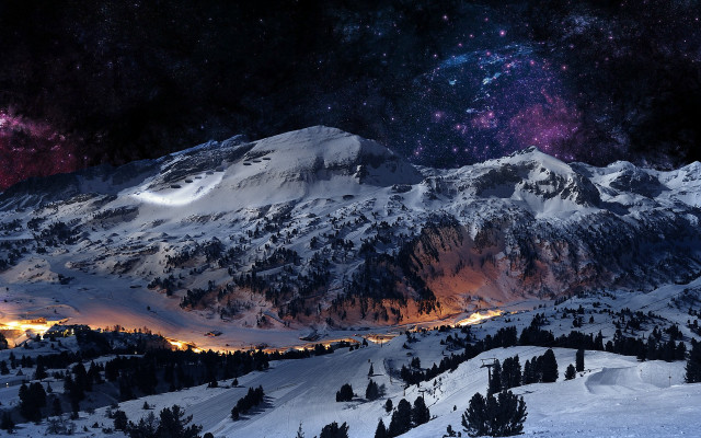 Snowy mountain city night stars #2 free wallpaper for desktop - medium preview image