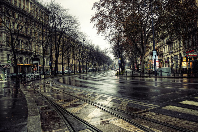 Wet street train track building free wallpaper for desktop - medium preview image