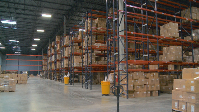 Warehouse boxes forklift center aisle free wallpaper for desktop - medium preview image