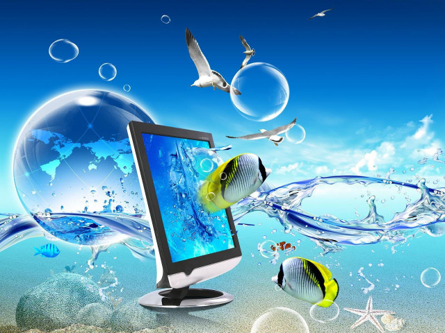 Computer monitor water worldmap seagulls free wallpaper for desktop - medium preview image