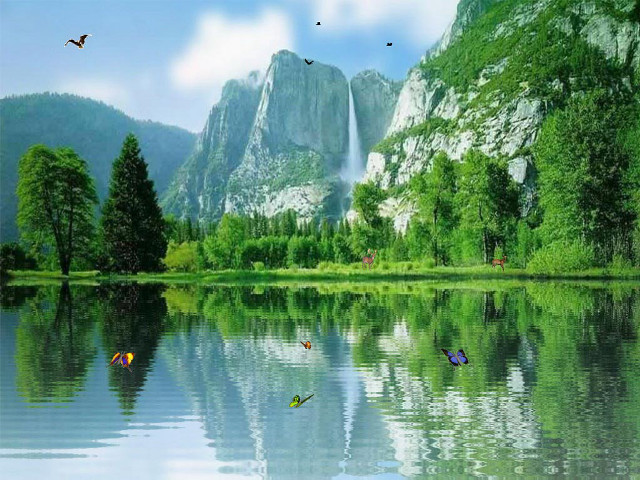 Mountain lake waterfall birds forest free wallpaper for desktop - medium preview image